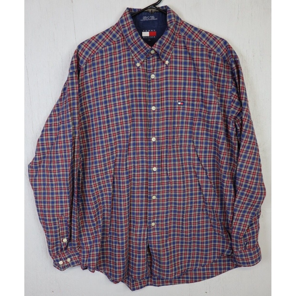 Mens Tommy Hilfiger Plaid Shirt Size L Cotton Button Front Long Sleeve Vintage